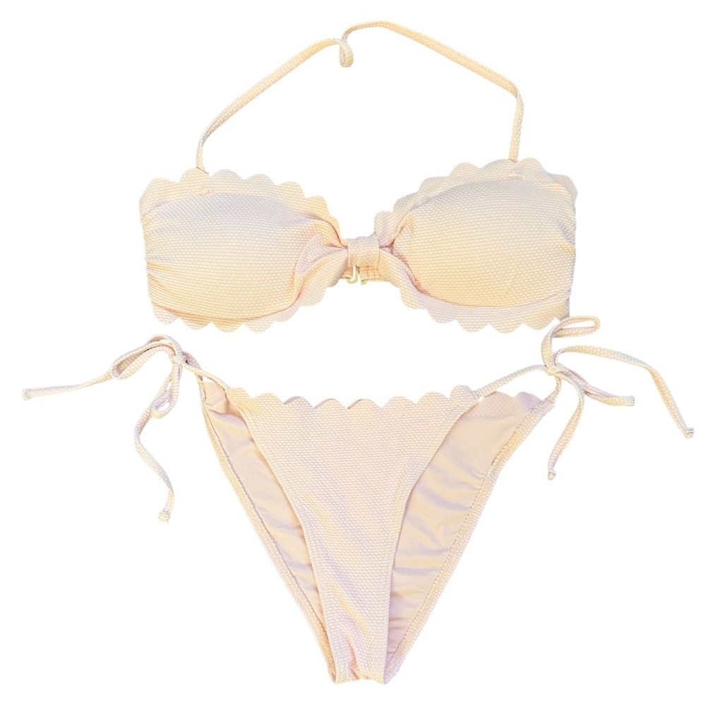 Scalloped Textured Bikini Set XS Pink Bandeau Top Tie Bottoms Cottage Swim Beach